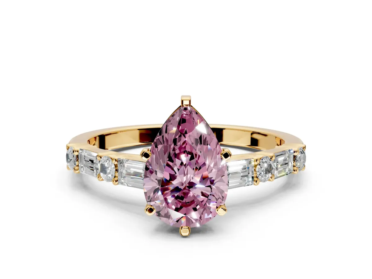 Baguette Engagement Ring Setting for Fancy Pink Pear-Shaped Center with Alternating Bar-Set Band and Prong Head in Yellow Gold