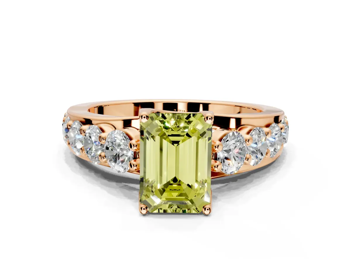 Solitaire Engagement Ring Setting for Fancy Yellow Emerald Cut Center with Graduated Shared Prongs and Prong Head in Rose Gold