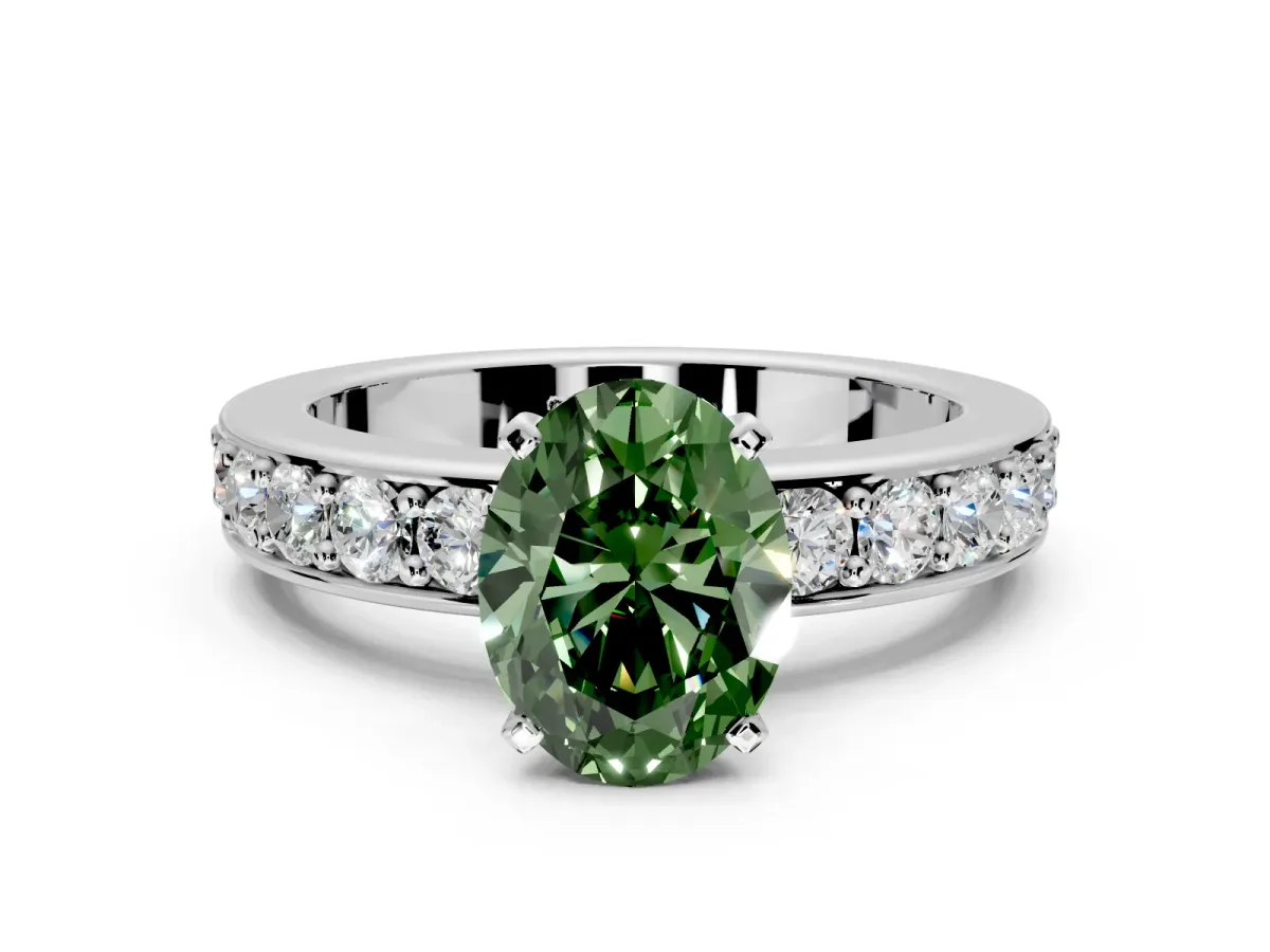 Solitaire Engagement Ring Setting for Fancy Green Oval Center with Channel-Set Accents and Prong Head in Platinum