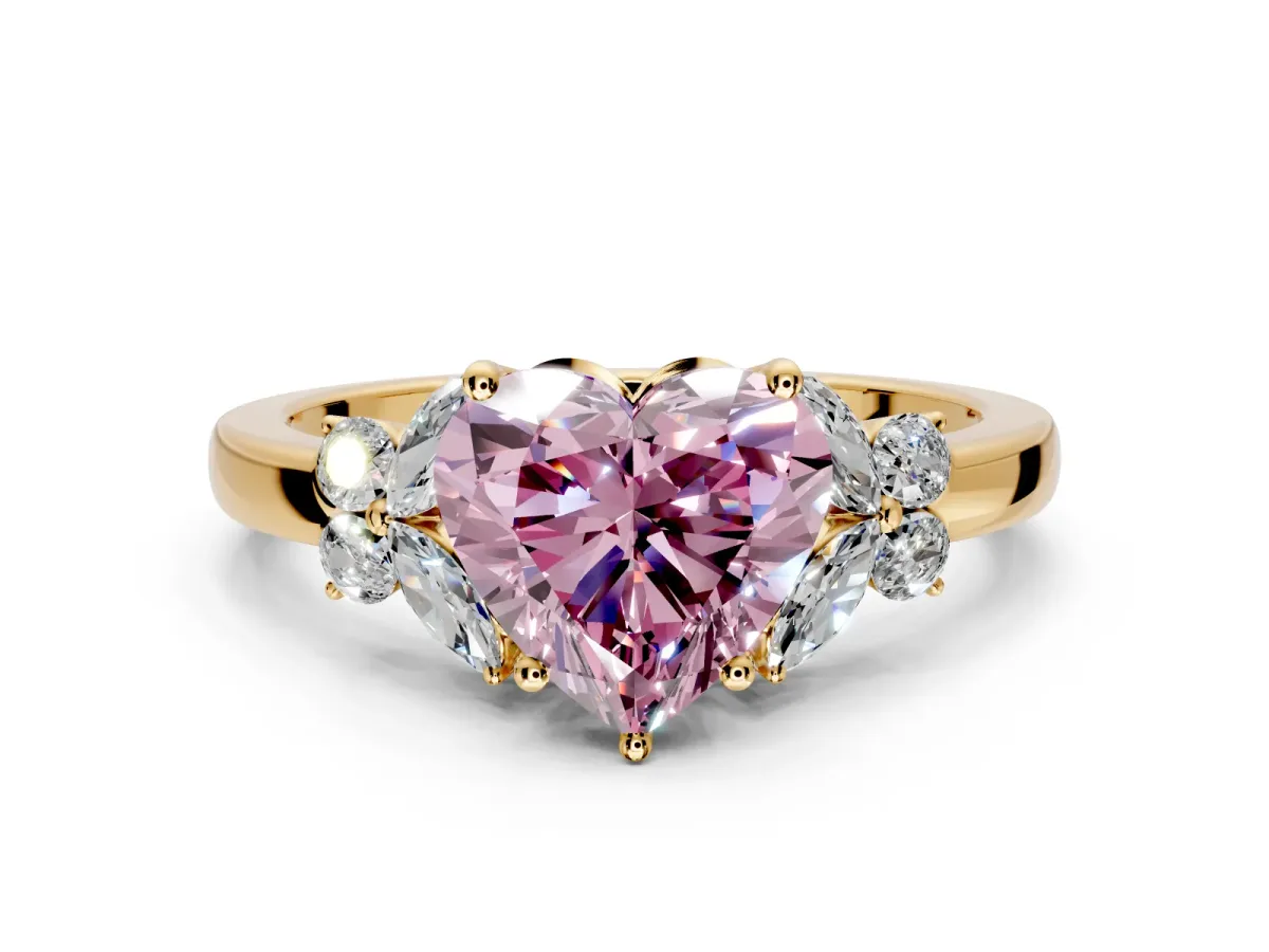 Solitaire Engagement Ring Setting for Fancy Pink Heart-Shaped Center with Marquise Flower Shoulders and Prong Head in Yellow Gold