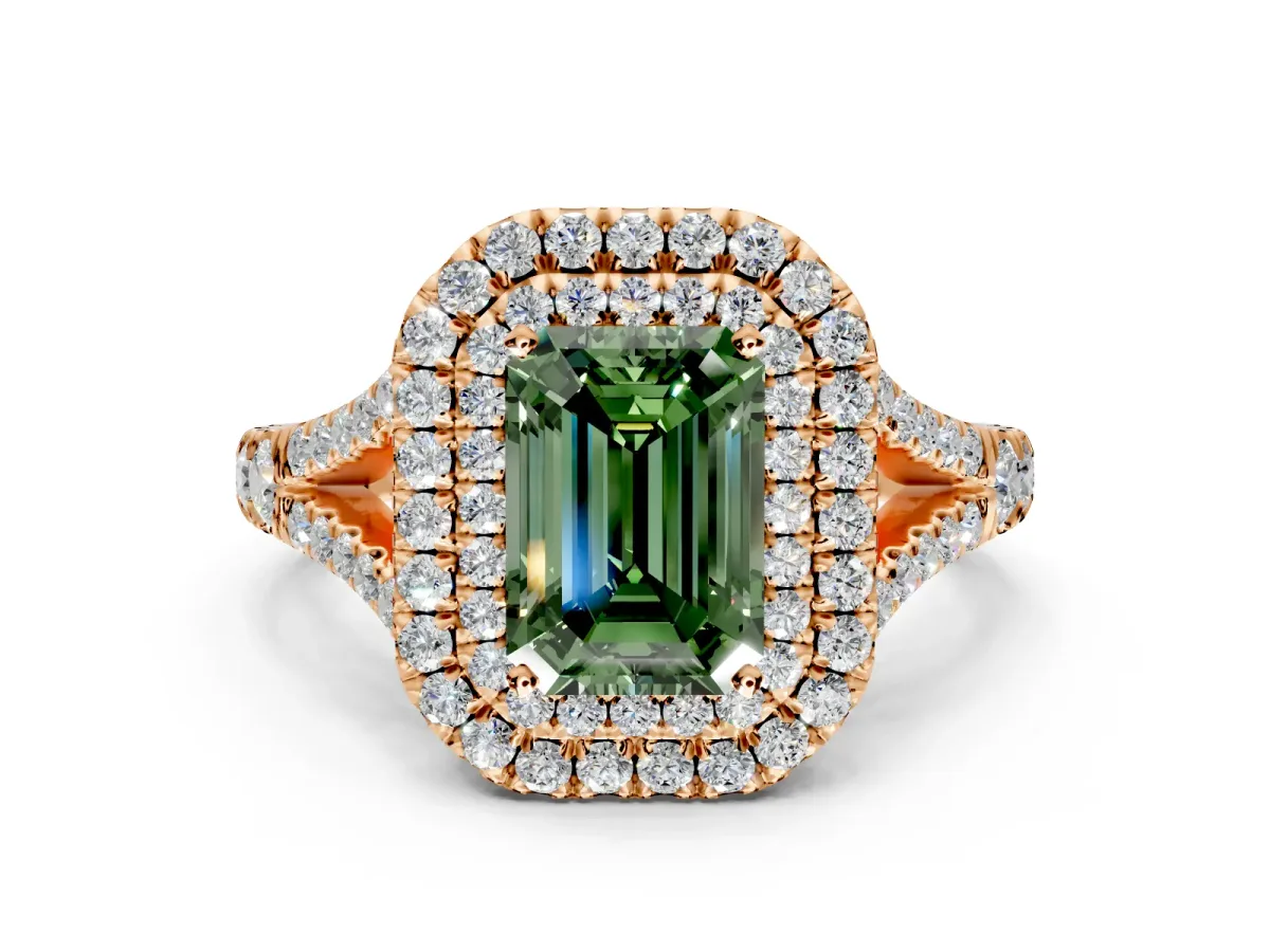 Double Halo Engagement Ring Setting for Fancy Green Emerald Cut Center with Narrow Pave Split Shank and Prong Head in Rose Gold
