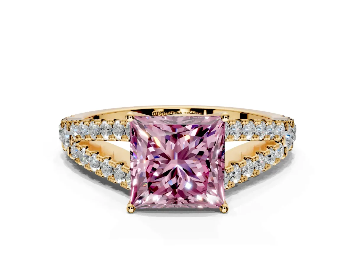 Solitaire Engagement Ring Setting for Fancy Pink Princess Cut Center with Pave Split Shank and Prong Head in Yellow Gold
