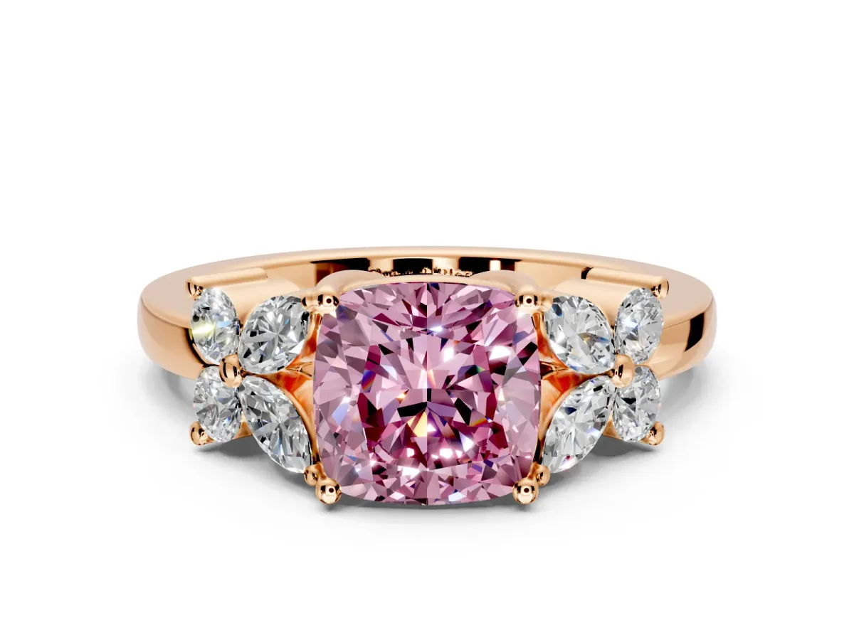 Floral Engagement Ring Setting for Fancy Pink Cushion Cut Center with Marquise Cluster Shoulders and Prong Head in Rose Gold