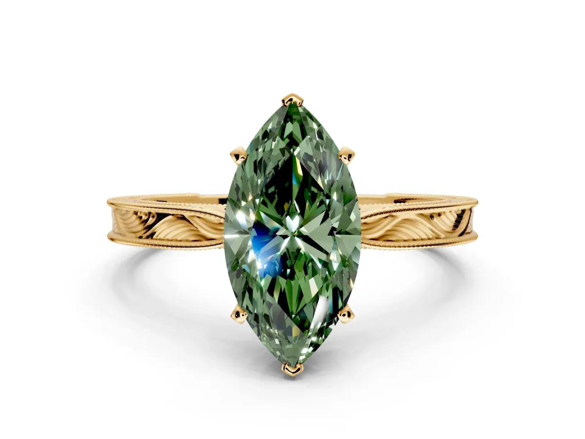 Solitaire Engagement Ring Setting for Fancy Green Marquise Center with Engraved Milgrain Band and Prong Head in Yellow Gold