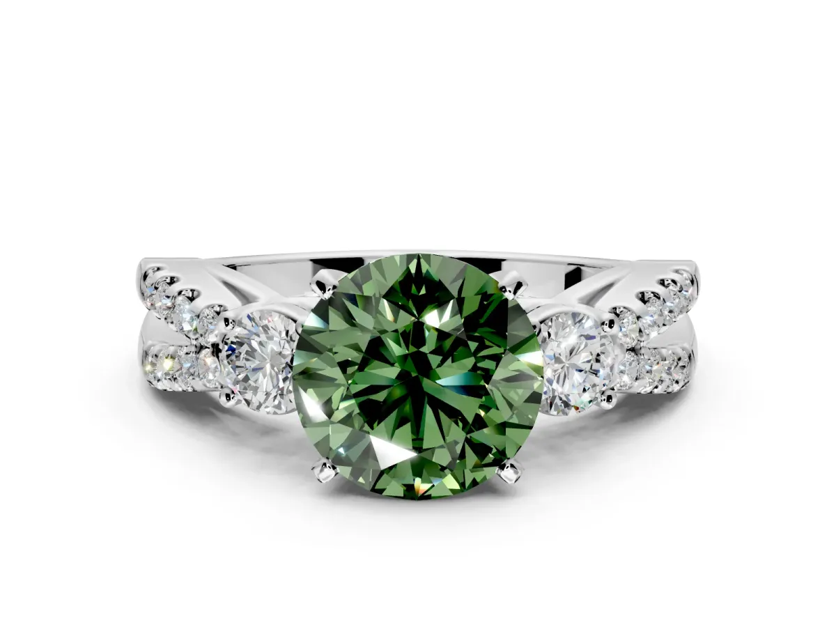 3 Stone Engagement Ring Setting for Fancy Green Round Cut Center with Pave Split Shank and Prong Head in Platinum