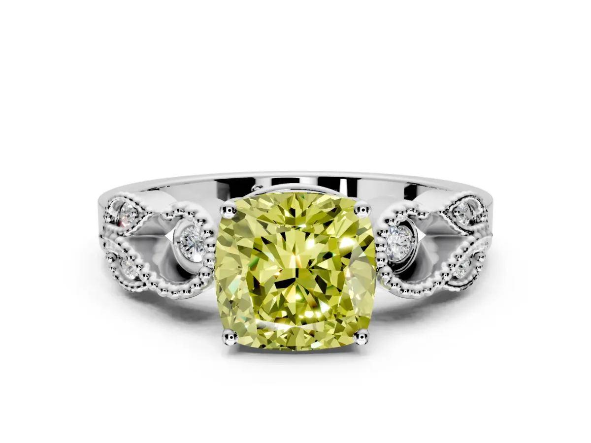 Leaf Engagement Ring Setting for Fancy Yellow Cushion Cut Center with Milgrain Accent Band and Prong Head in Sterling Silver