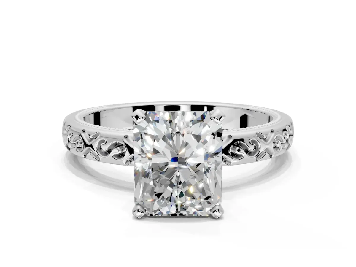 Solitaire Engagement Ring Setting for Radiant Cut Center with Scrollwork Band and Prong Head in Platinum