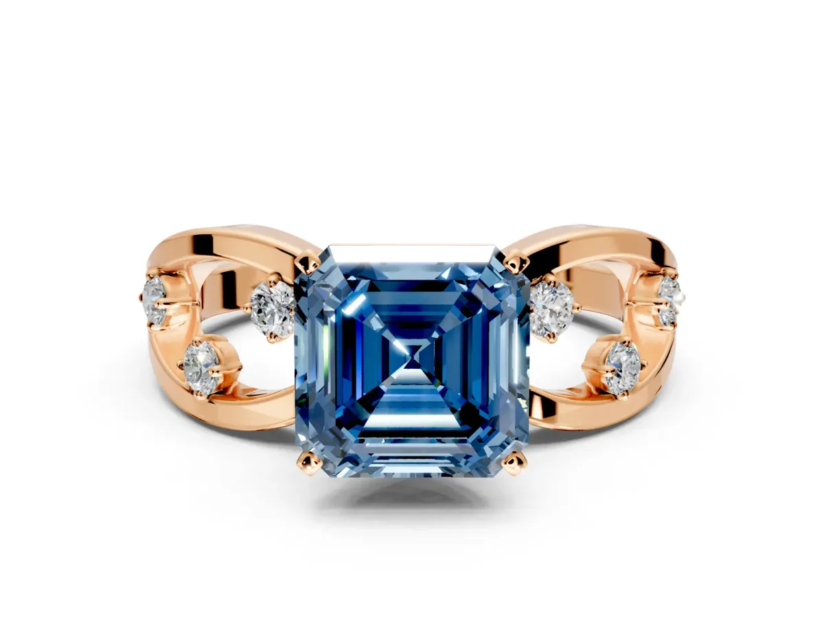 Solitaire Engagement Ring Setting for Fancy Blue Asscher Cut Center with Criss-Cross Accent Band and Prong Head in Rose Gold