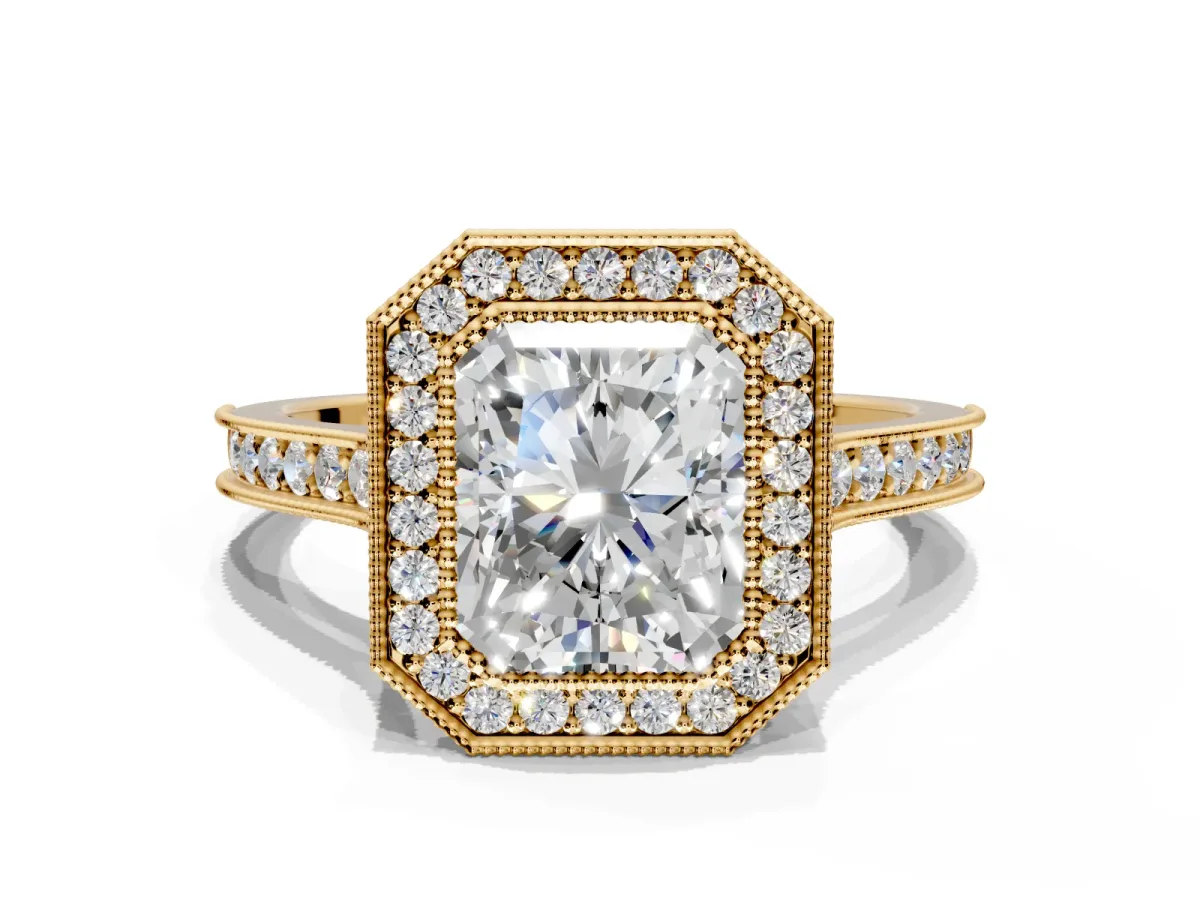 Halo Engagement Ring Setting for Radiant Cut Center with Milgrain Pave Band and Bezel Head in Yellow Gold