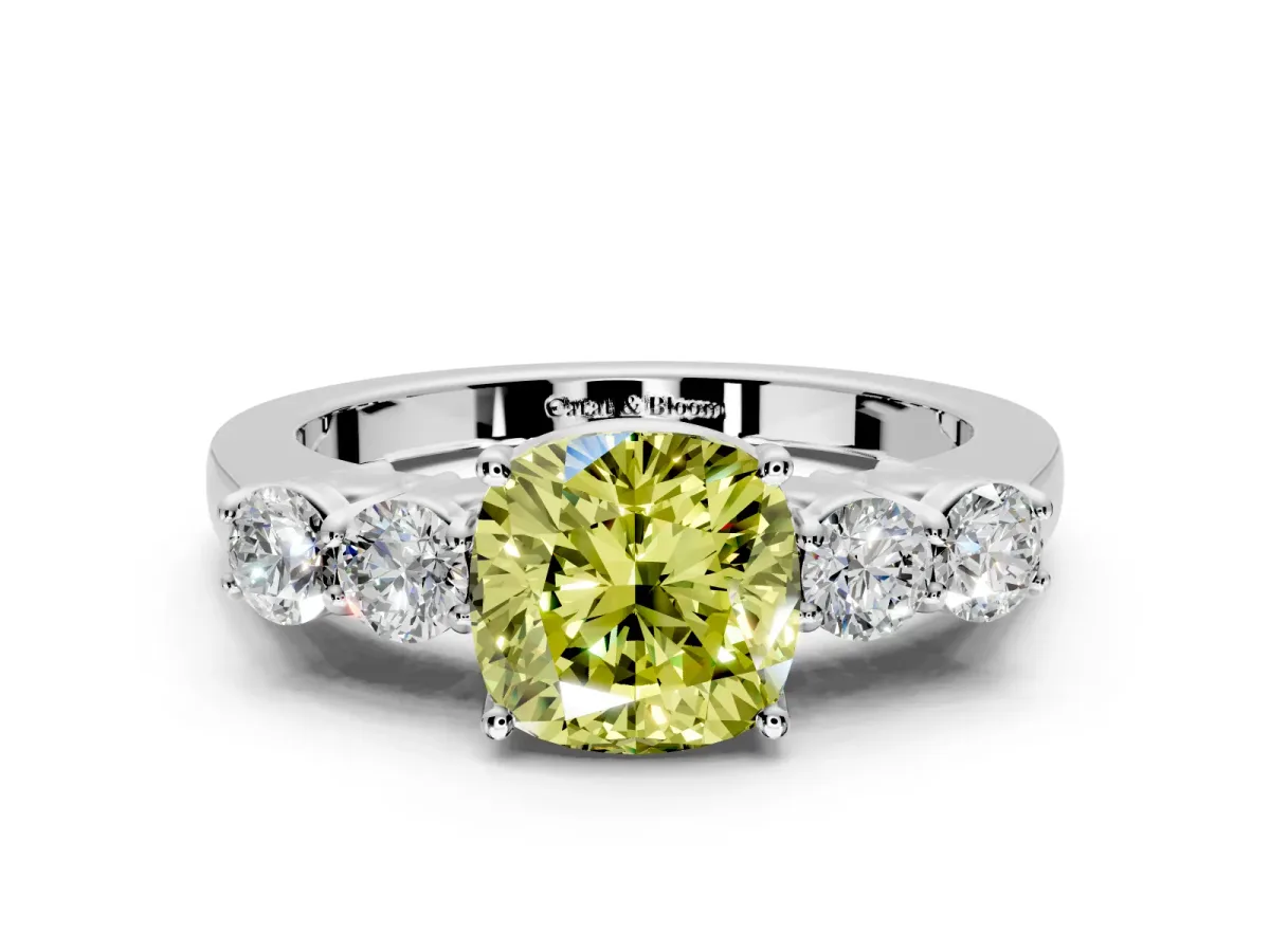 5 Stone Engagement Ring Setting for Fancy Yellow Cushion Cut Center with Equal Close-Set Accents and Prong Head in White Gold