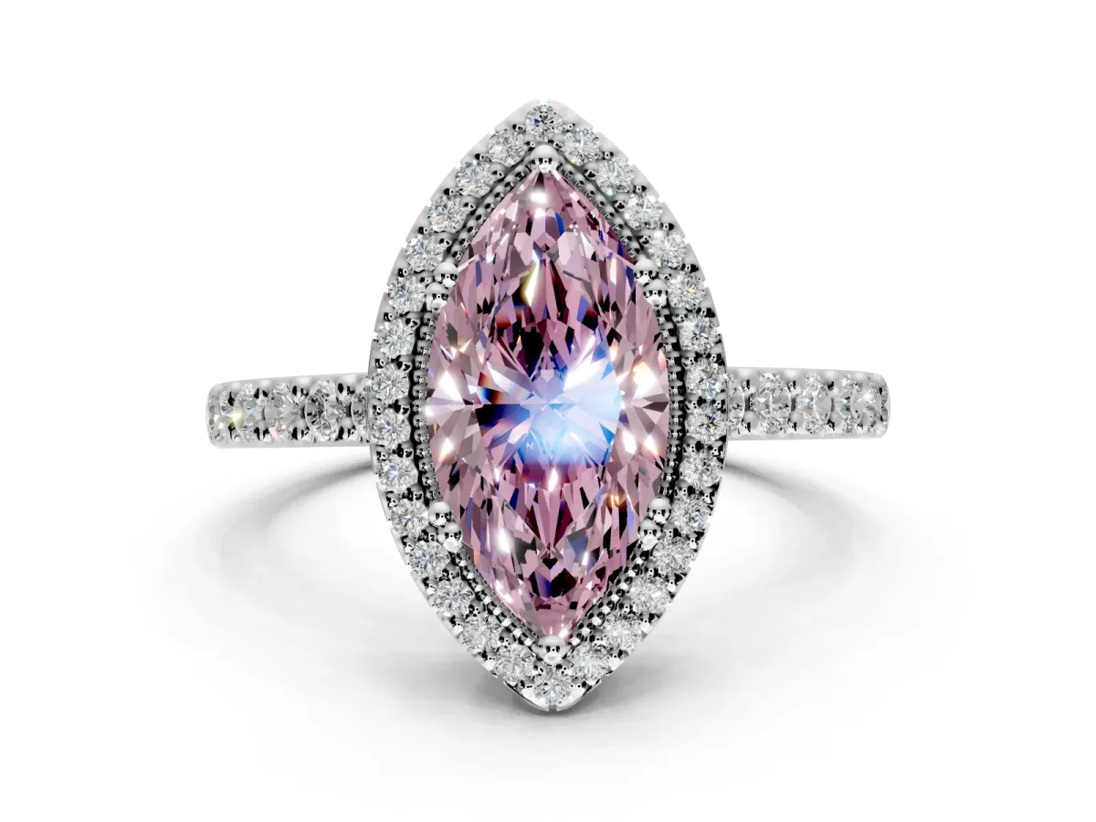 Halo Engagement Ring Setting for Fancy Pink Marquise Center with Inner Milgrain Border and Prong Head in Platinum