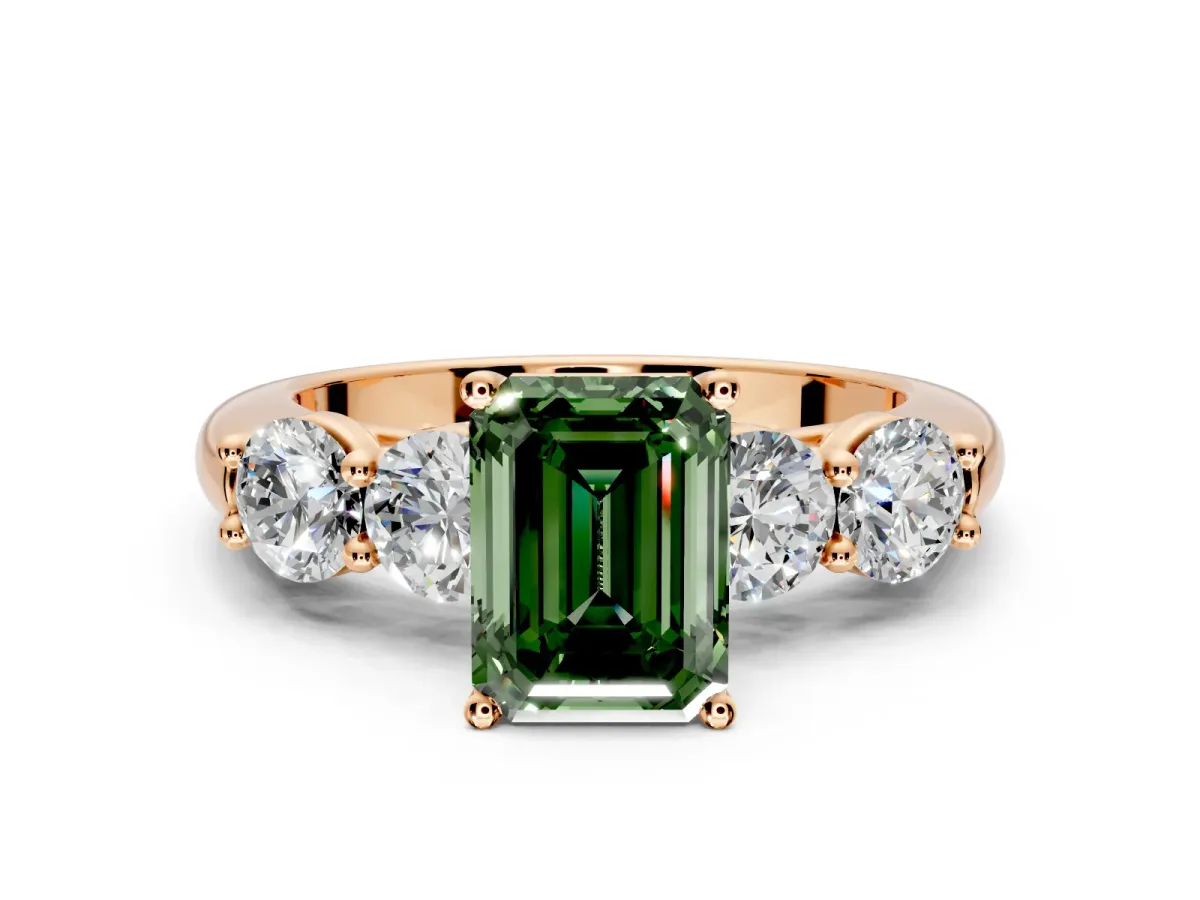 5 Stone Engagement Ring Setting for Fancy Green Emerald Cut Center with Graduated Accents and Prong Head in Rose Gold