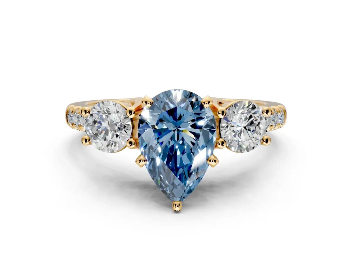 3 Stone Engagement Ring Setting for Fancy Blue Pear-Shaped Center with Crossover Basket, Pave Band and Prong Head in Yellow Gold