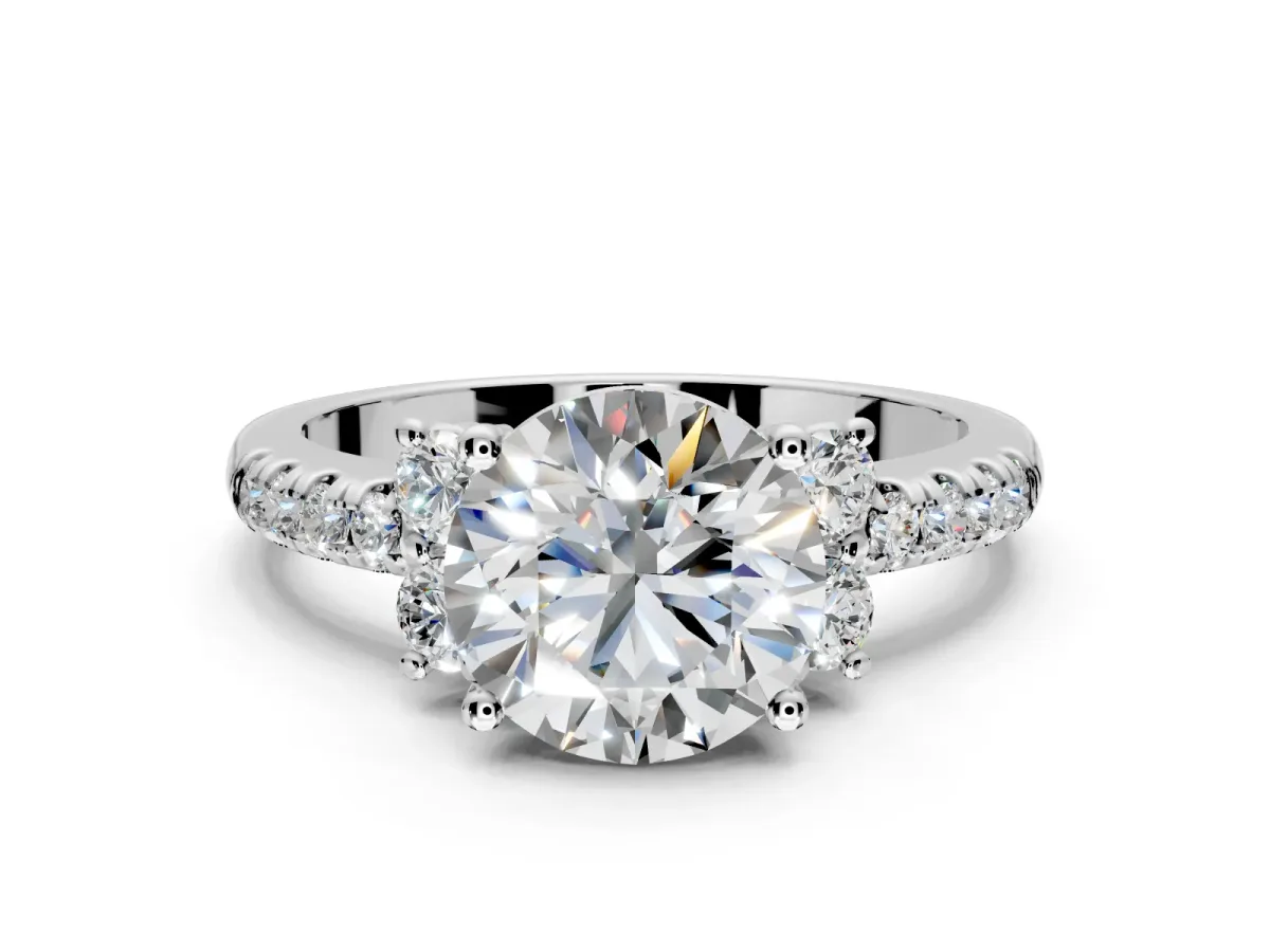 Paired Accent Engagement Ring Setting for Round Cut Center with Pave Band and Prong Head in Sterling Silver