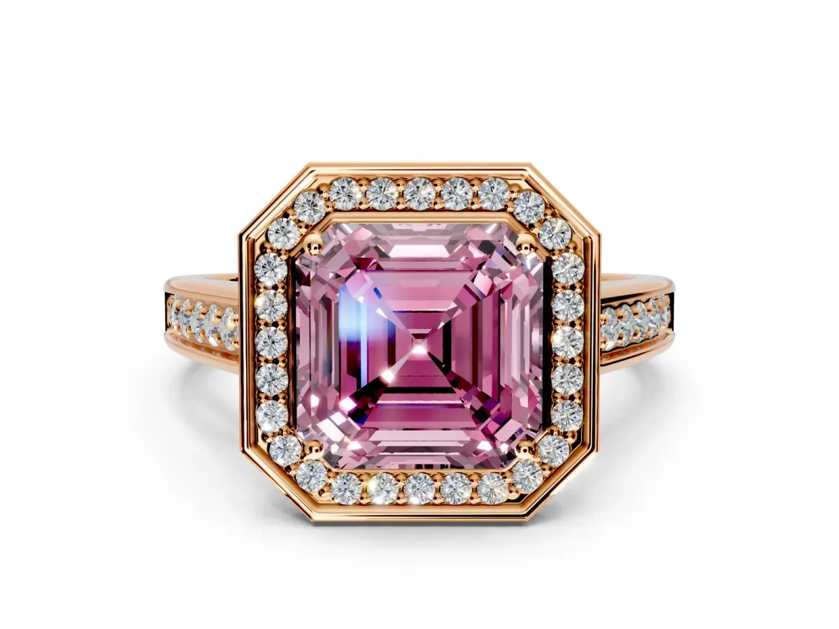 Halo Engagement Ring Setting for Fancy Pink Asscher Cut Center with Outer Bezel Rim, Pave Band and Prong Head in Rose Gold