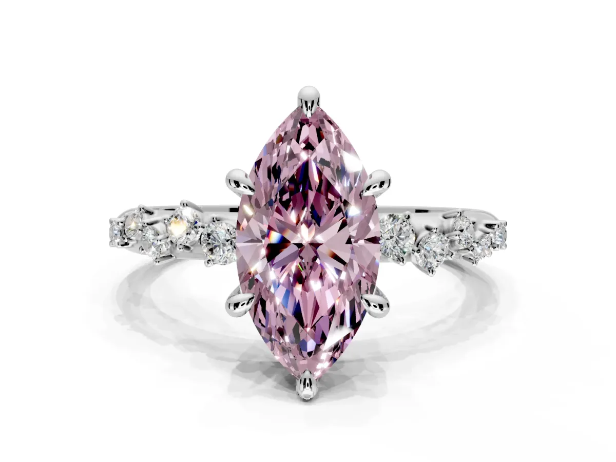 Solitaire Engagement Ring Setting for Fancy Pink Marquise Center with Trailing Leaf Accent Band and Prong Head in White Gold