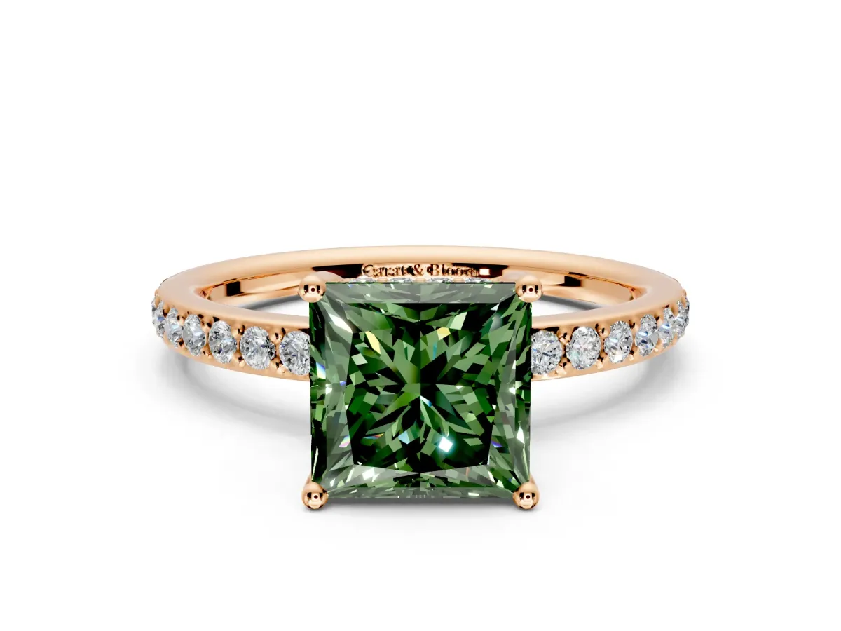 Solitaire Engagement Ring Setting for Fancy Green Princess Cut Center with Fine Pave Band and Prong Head in Rose Gold