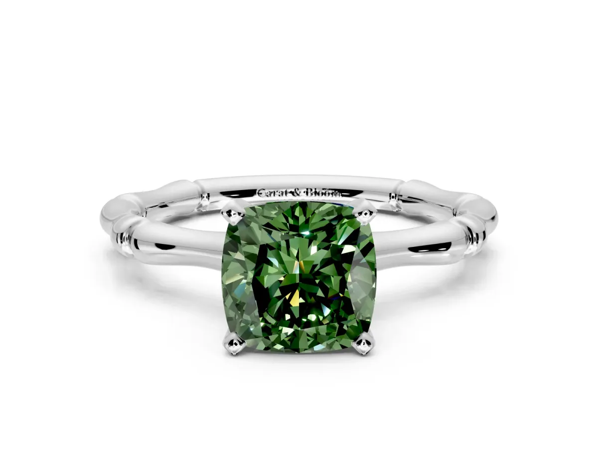 Solitaire Engagement Ring Setting for Fancy Green Cushion Cut Center with Bamboo Band and Prong Head in Sterling Silver