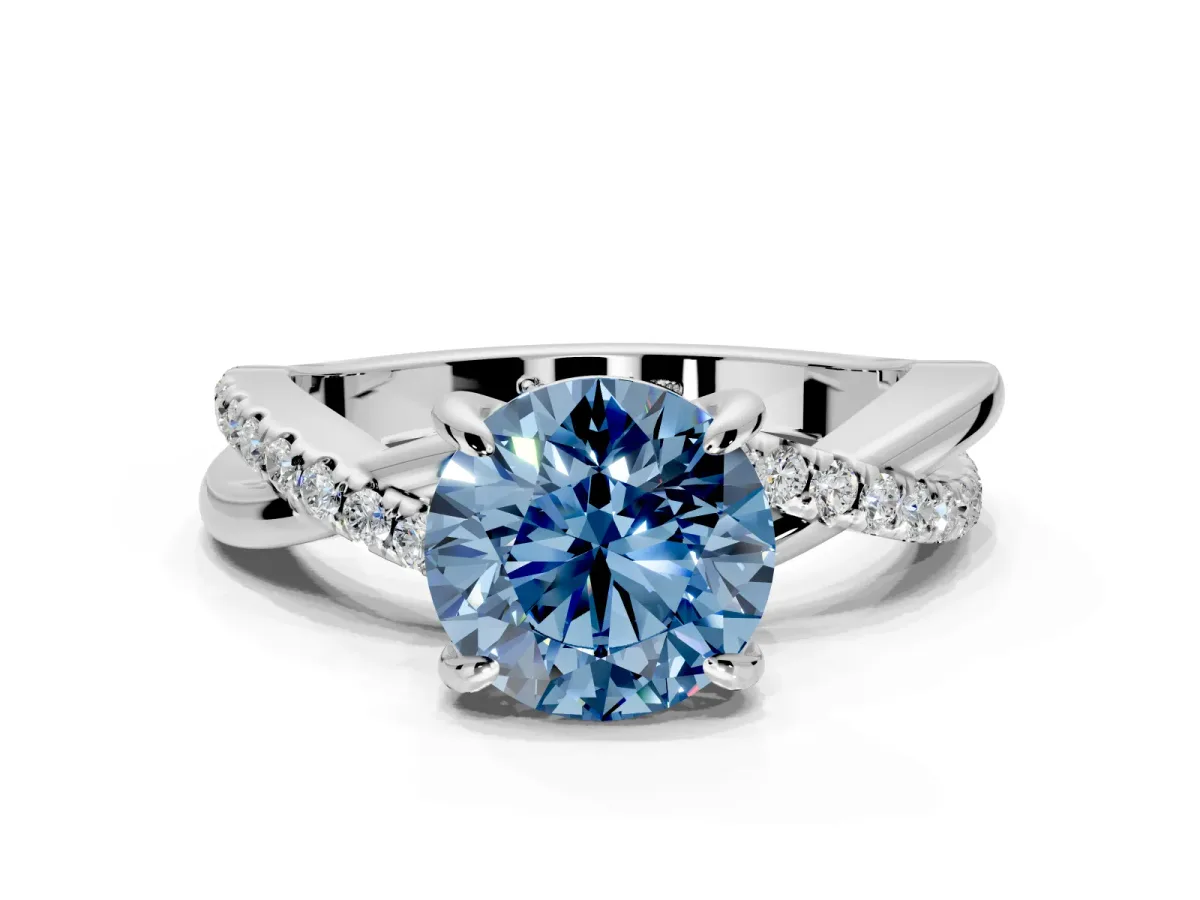 Solitaire Engagement Ring Setting for Fancy Blue Round Cut Center with Half-Pave Crossover Band and Prong Head in White Gold