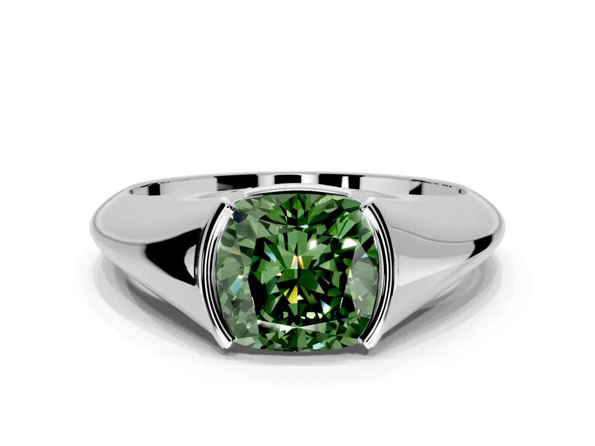 Tension Engagement Ring Setting for Fancy Green Cushion Cut Center with Wide Tapered Band and Tension Head in White Gold