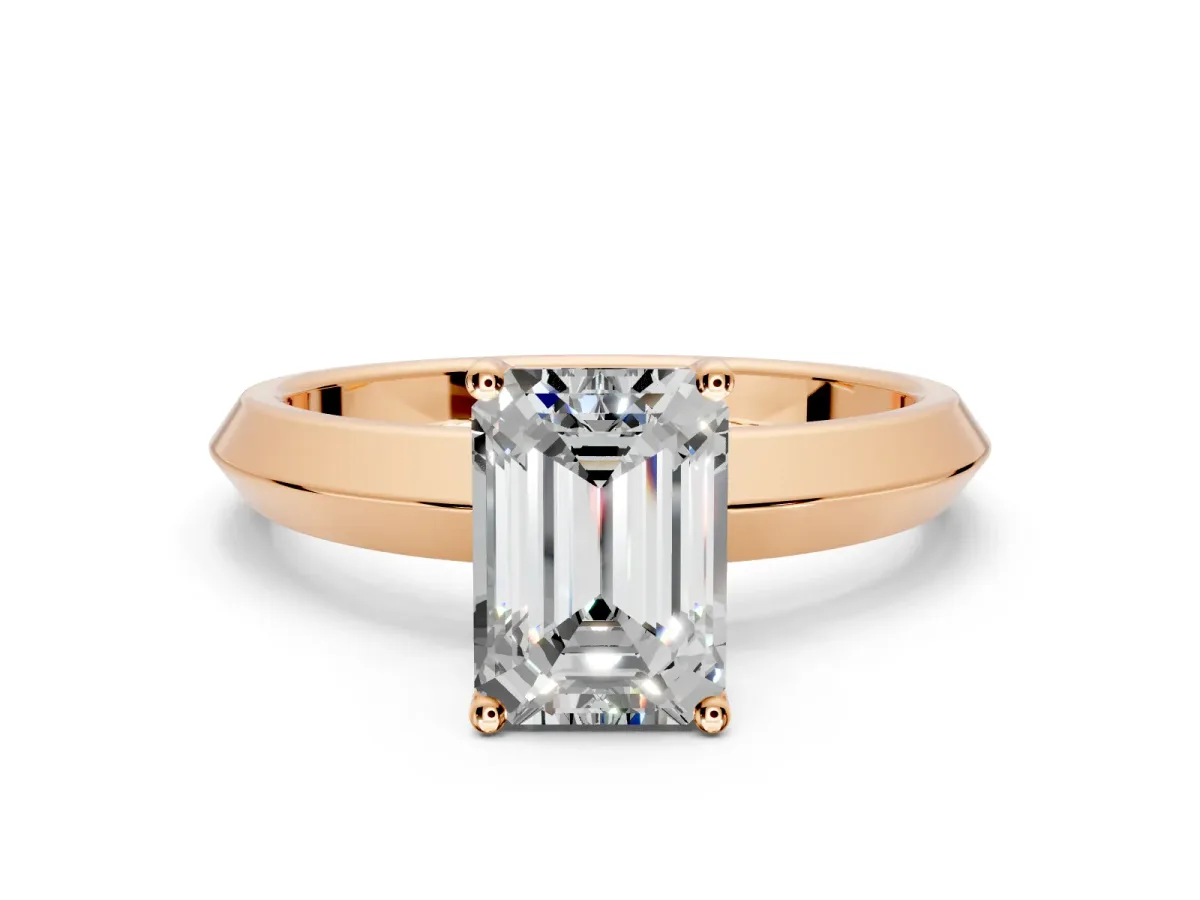 Solitaire Engagement Ring Setting for Emerald Cut Center with Wide Knife Ridge Band and Prong Head in Rose Gold