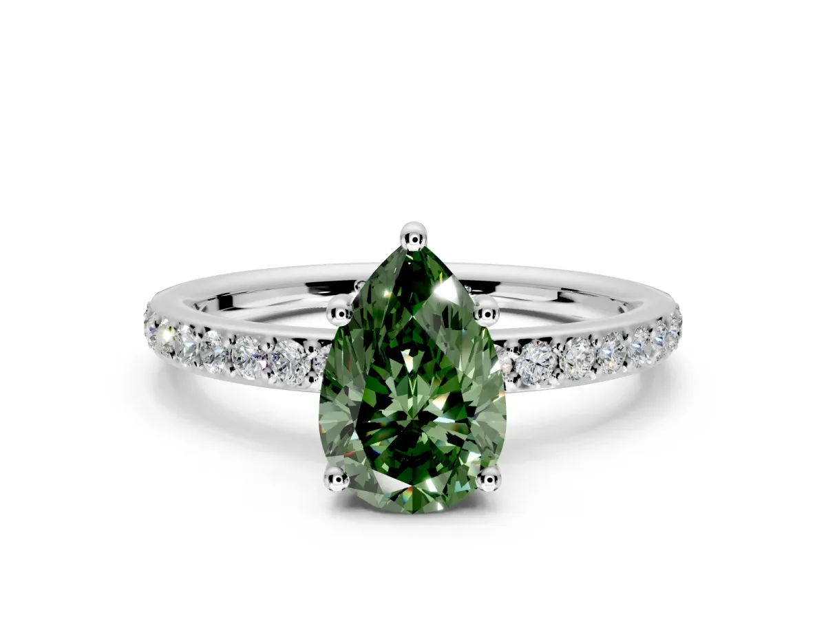 Solitaire Engagement Ring Setting for Fancy Green Pear-Shaped Center with Fine Pave Band and Prong Head in Platinum