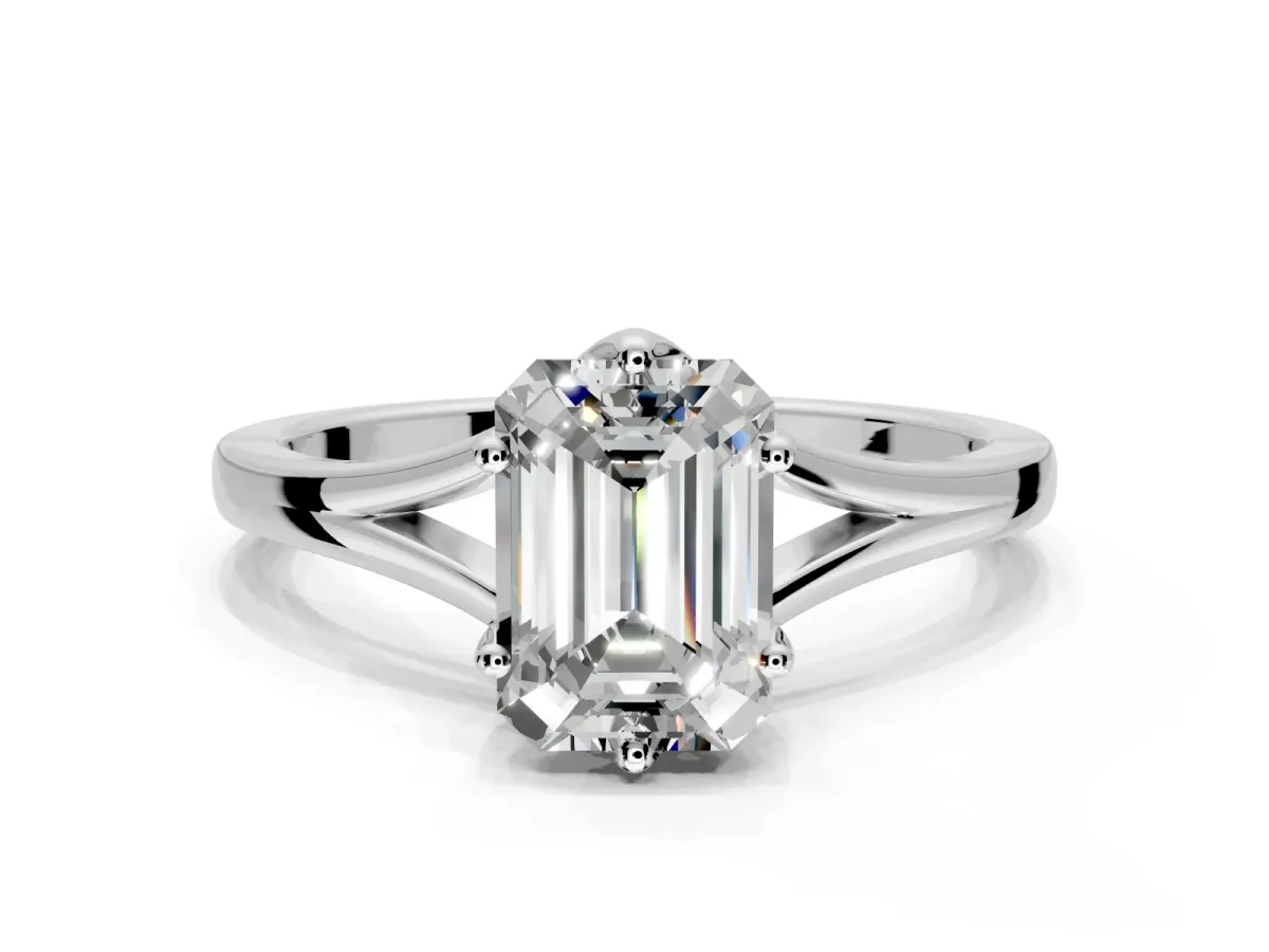 Solitaire Engagement Ring Setting for Emerald Cut Center with Plain Split Shank and Prong Head in Platinum