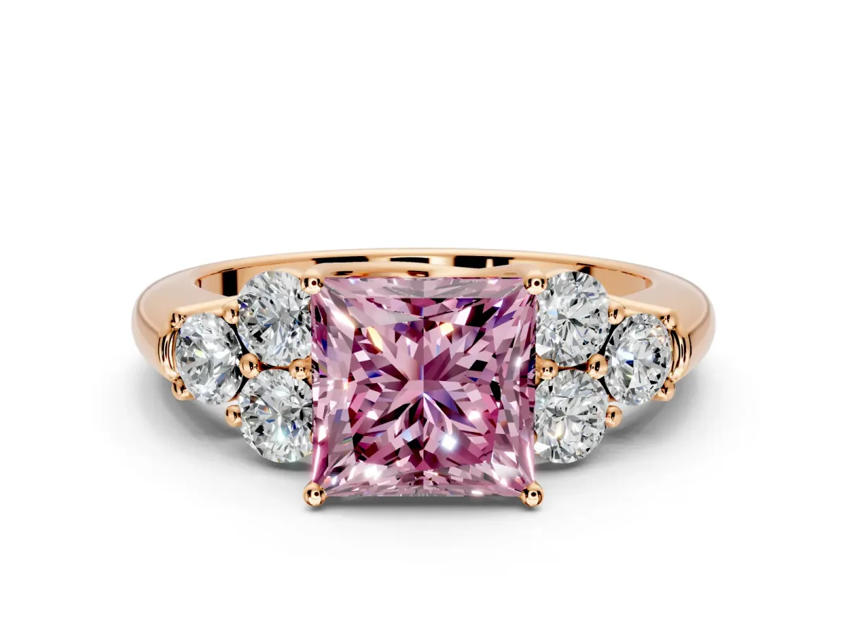 Cluster Engagement Ring Setting for Fancy Pink Princess Cut Center with Round Cut Accent Frame and Prong Head in Rose Gold
