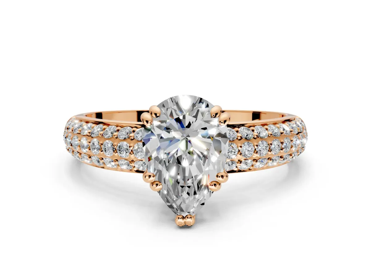 Solitaire Engagement Ring Setting for Pear-Shaped Center with Multi-Row Pave Accents and Basket Head in Rose Gold
