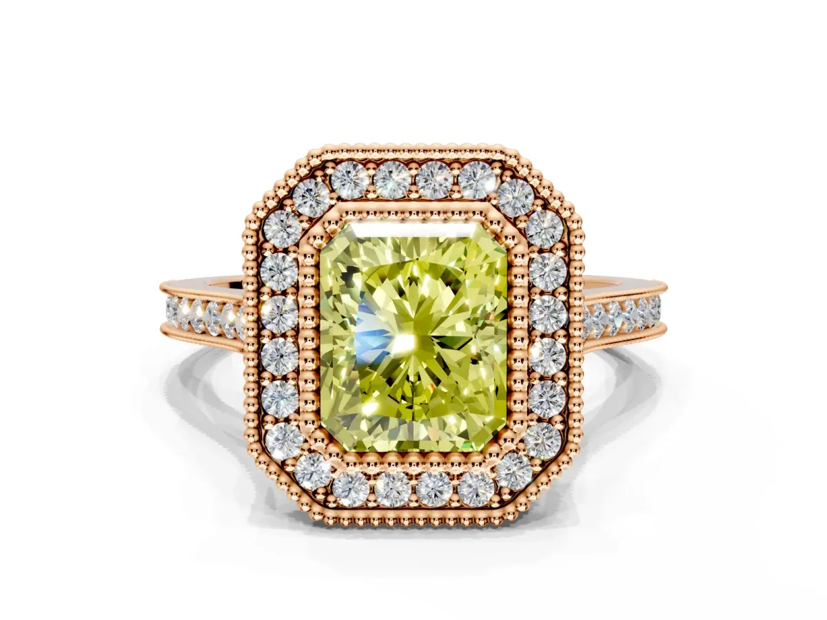 Halo Engagement Ring Setting for Fancy Yellow Radiant Cut Center with Milgrain Frame, Pave Band and Prong Head in Rose Gold