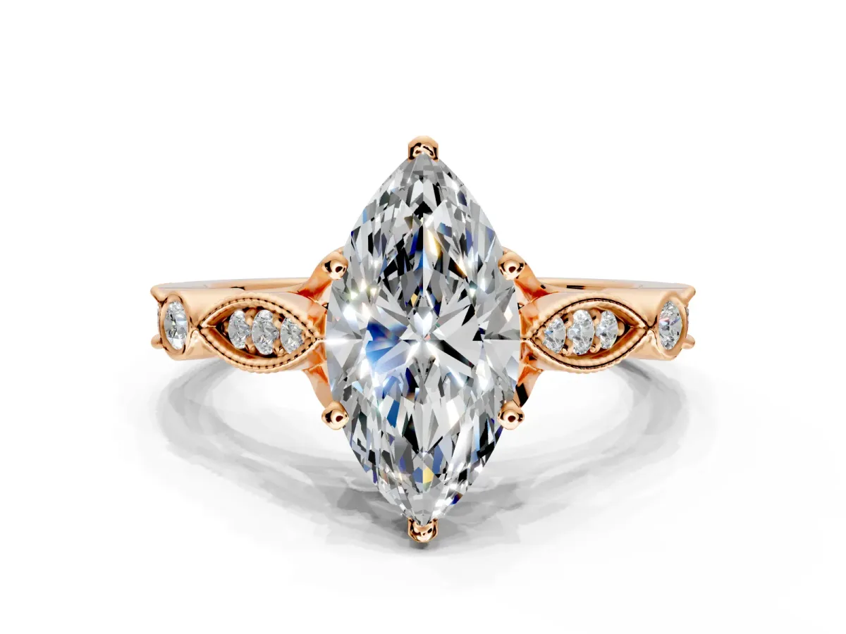 Solitaire Engagement Ring Setting for Marquise Center with Marquise and Bezel Accents and Prong Head in Rose Gold