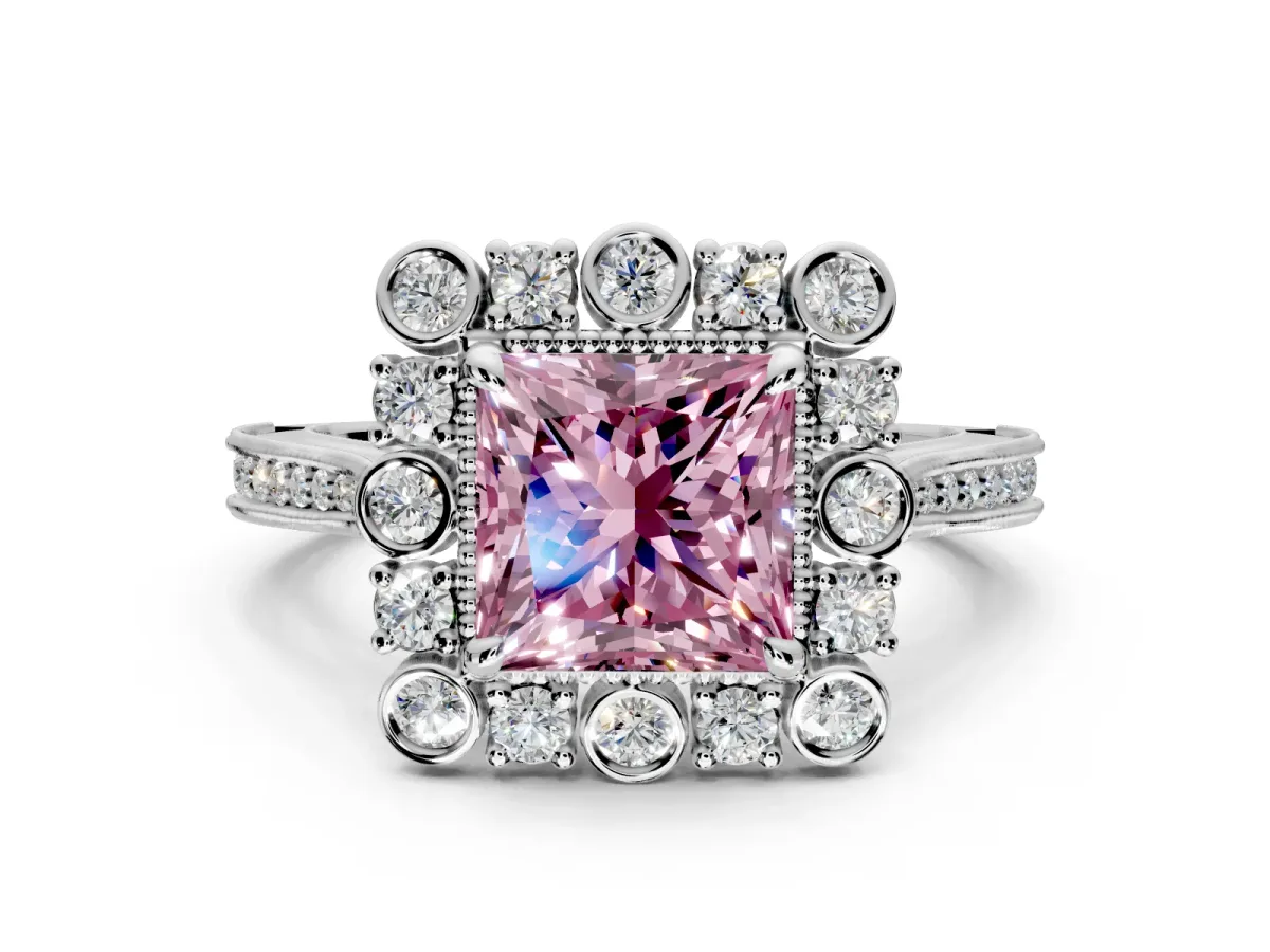 Milgrain Halo Engagement Ring Setting for Fancy Pink Princess Cut Center with Bezel Point Accents and Prong Head in Sterling Silver