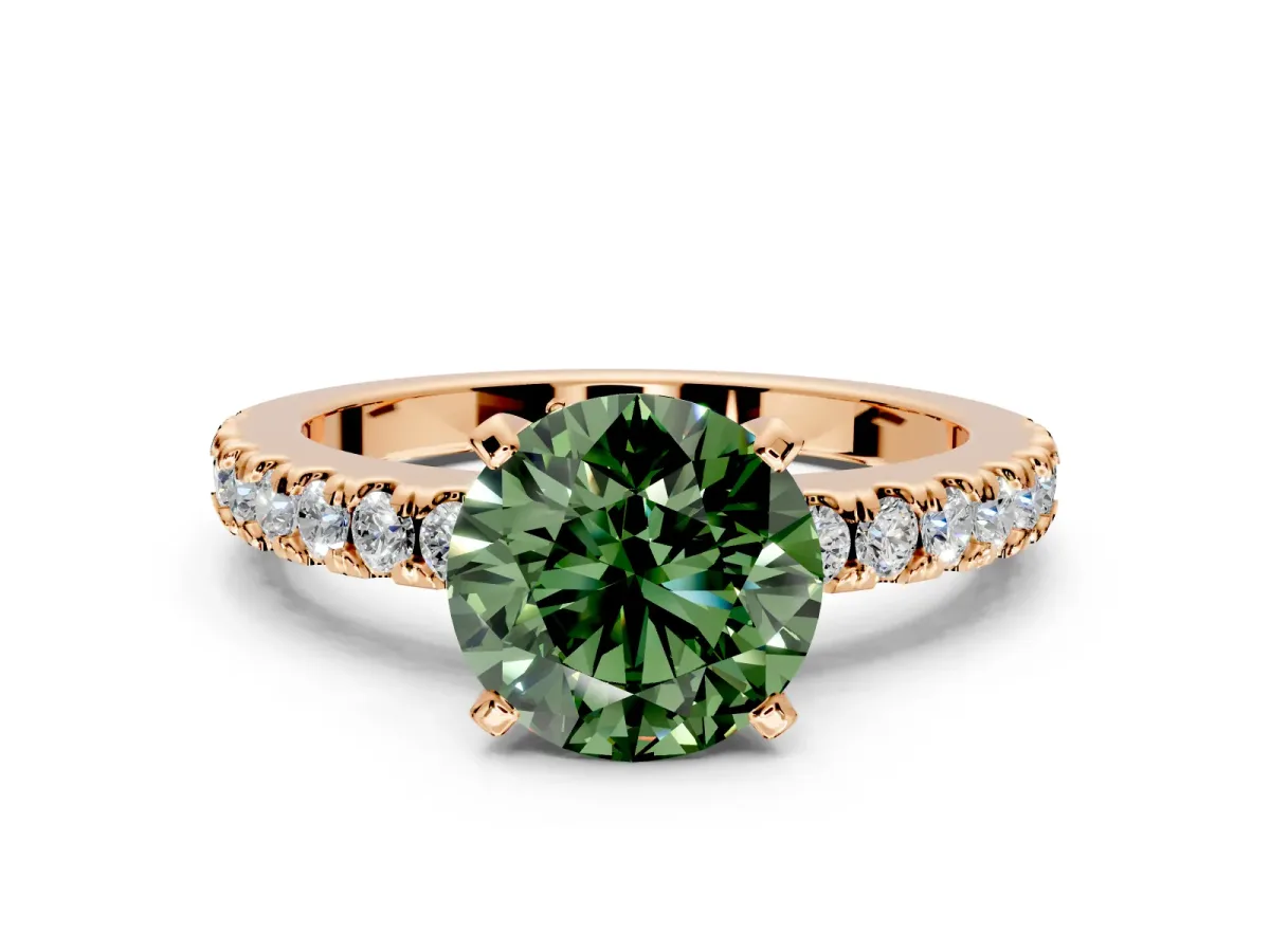 Solitaire Engagement Ring Setting for Fancy Green Round Cut Center with Single Row Accent Band and Prong Head in Rose Gold