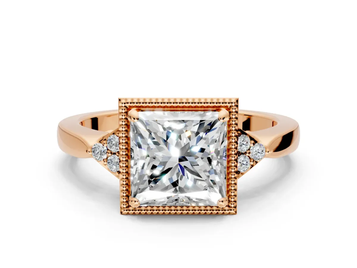 Cluster Engagement Ring Setting for Princess Cut Center with Milgrain Shoulder Clusters and Prong Head in Rose Gold