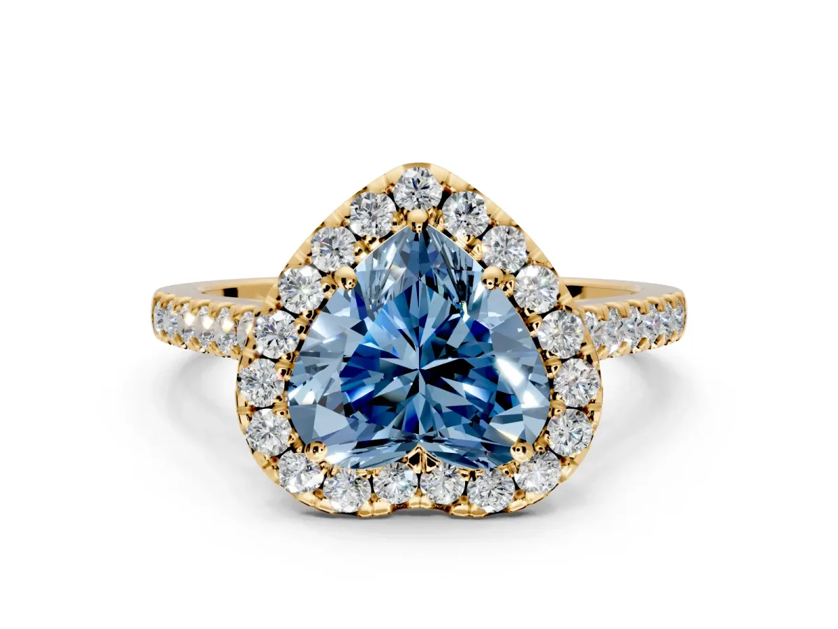 Halo Engagement Ring Setting for Fancy Blue Heart-Shaped Center with Narrowing Pave Band and Prong Head in Yellow Gold