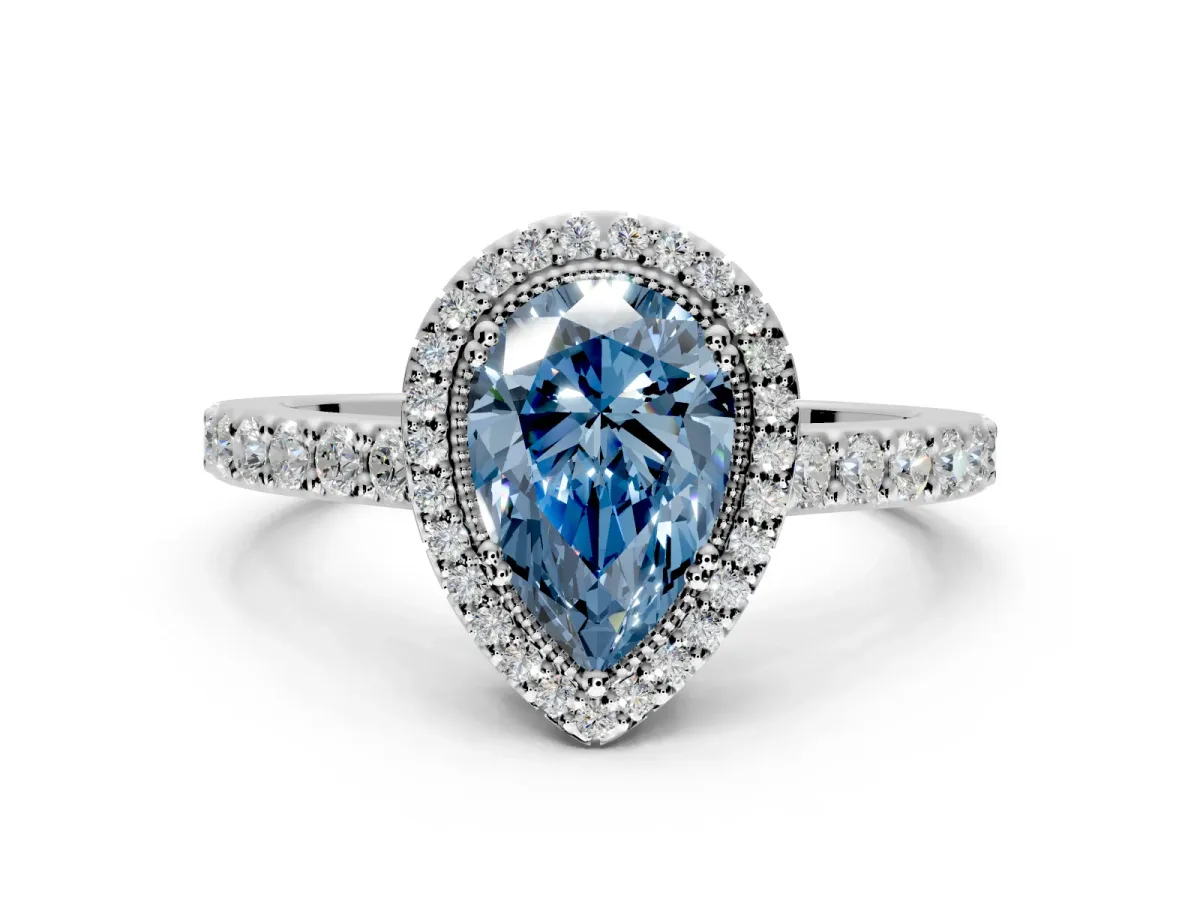 Halo Engagement Ring Setting for Fancy Blue Pear-Shaped Center with Inner Milgrain Border and Prong Head in Sterling Silver