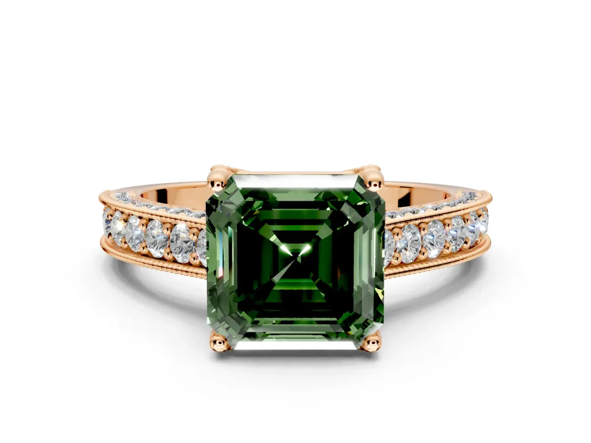 Solitaire Engagement Ring Setting for Fancy Green Asscher Cut Center with Milgrain-Framed Pave Band and Prong Head in Rose Gold