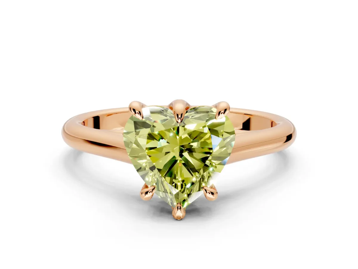 Solitaire Engagement Ring Setting for Fancy Yellow Heart-Shaped Center with Cathedral Band and Prong Head in Rose Gold