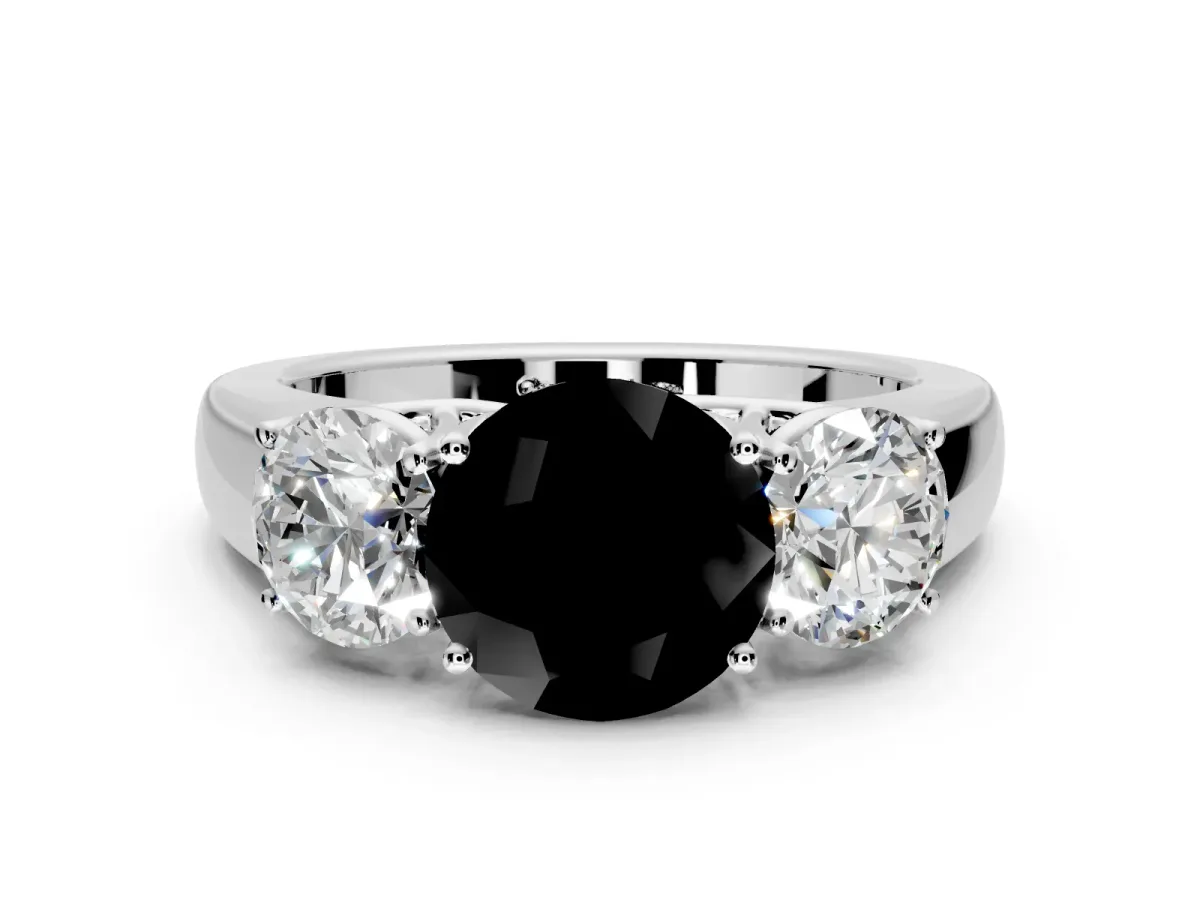 3 Stone Engagement Ring Setting for Fancy Black Round Cut Center with Raised Basket Heads and Prong Head in Platinum