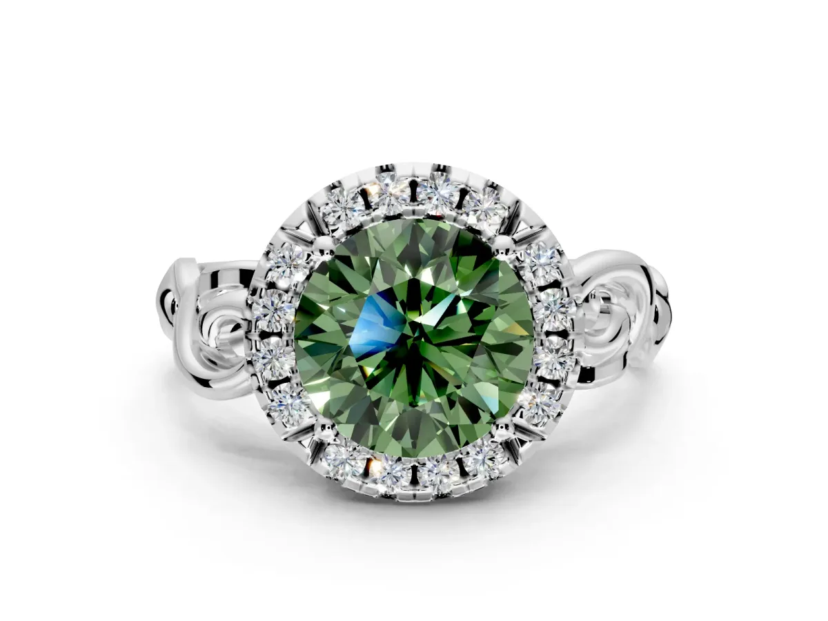 Halo Engagement Ring Setting for Fancy Green Round Cut Center with Open Scroll Shoulders and Prong Head in Platinum