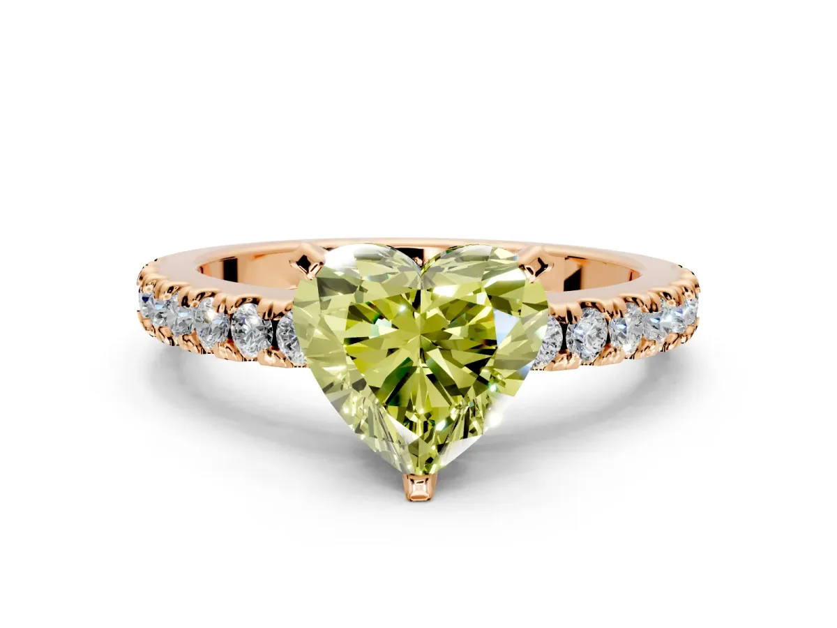 Solitaire Engagement Ring Setting for Fancy Yellow Heart-Shaped Center with Single Row Accent Band and Prong Head in Rose Gold