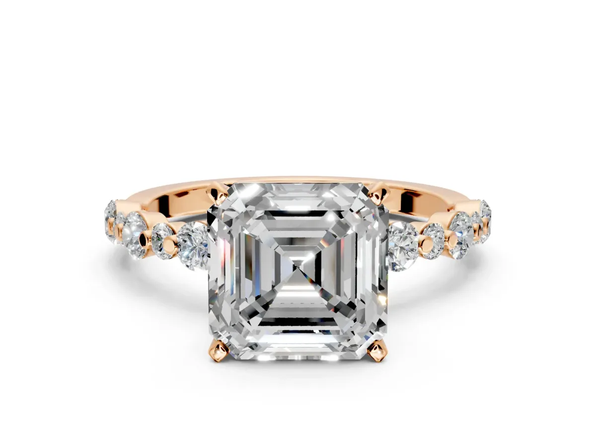 Solitaire Engagement Ring Setting for Asscher Cut Center with Alternating Size Accents and Prong Head in Rose Gold
