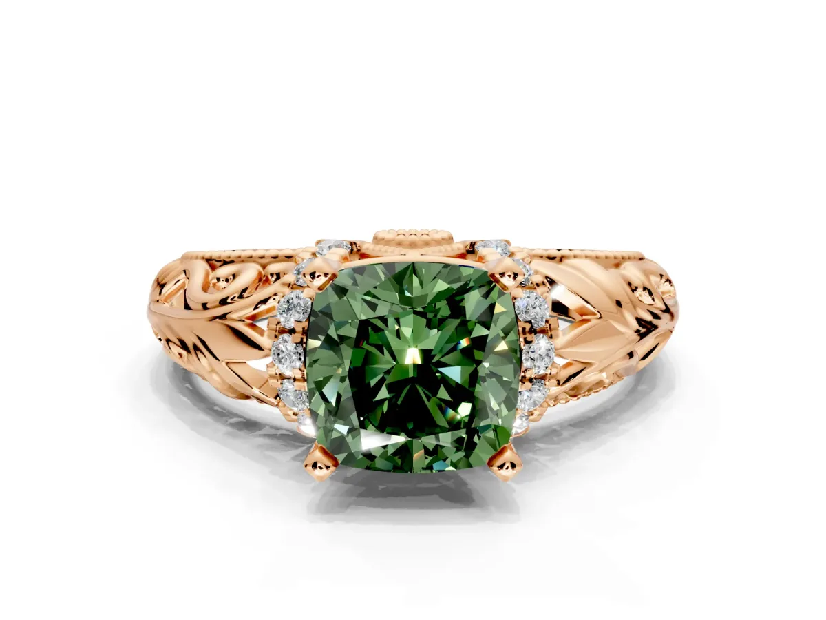 Solitaire Engagement Ring Setting for Fancy Green Cushion Cut Center with Filigree Accent Basket and Prong Head in Rose Gold