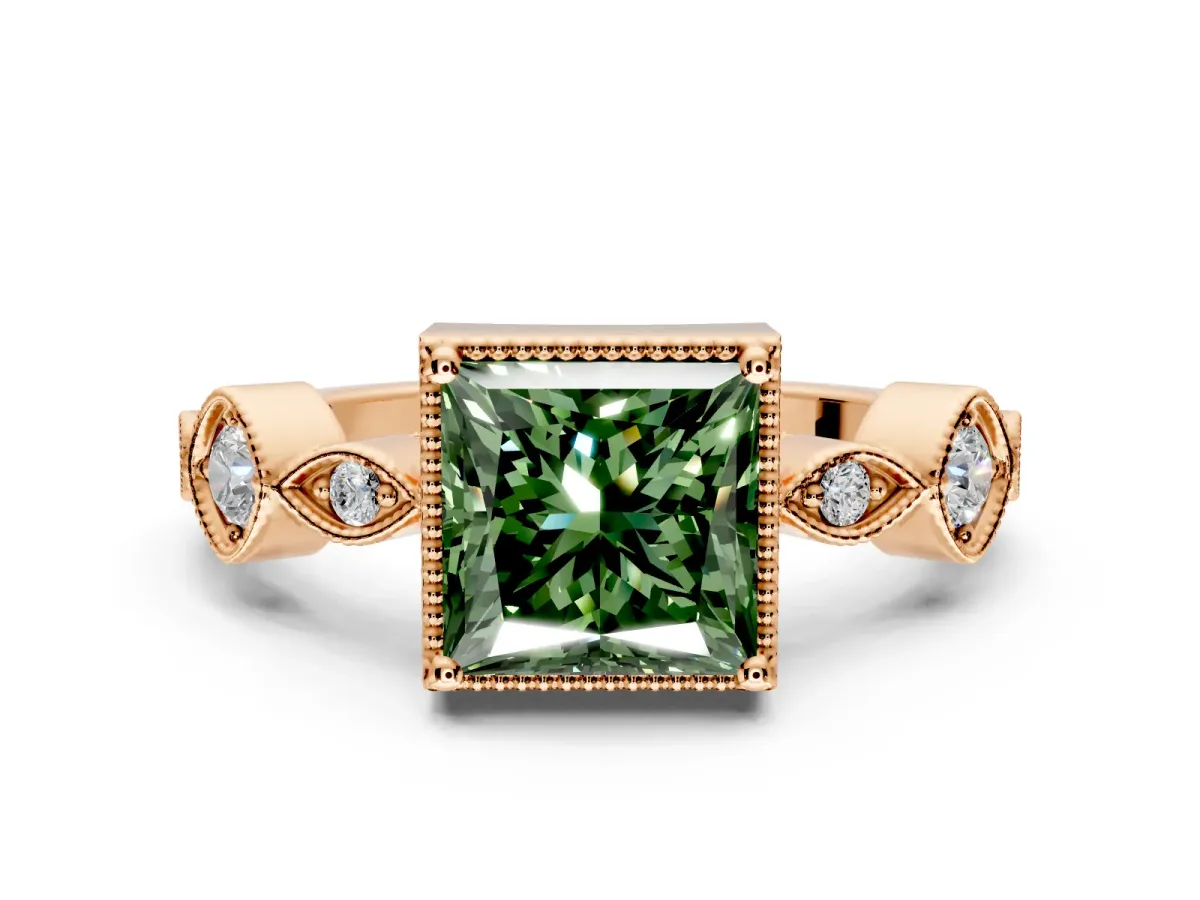 Vintage Station Engagement Ring Setting for Fancy Green Princess Cut Center with Accents and Prong Head in Rose Gold