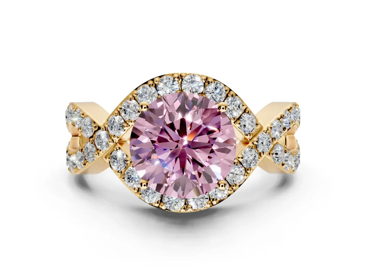 Halo Engagement Ring Setting for Fancy Pink Round Cut Center with Pave Infinity Twist Band and Prong Head in Yellow Gold
