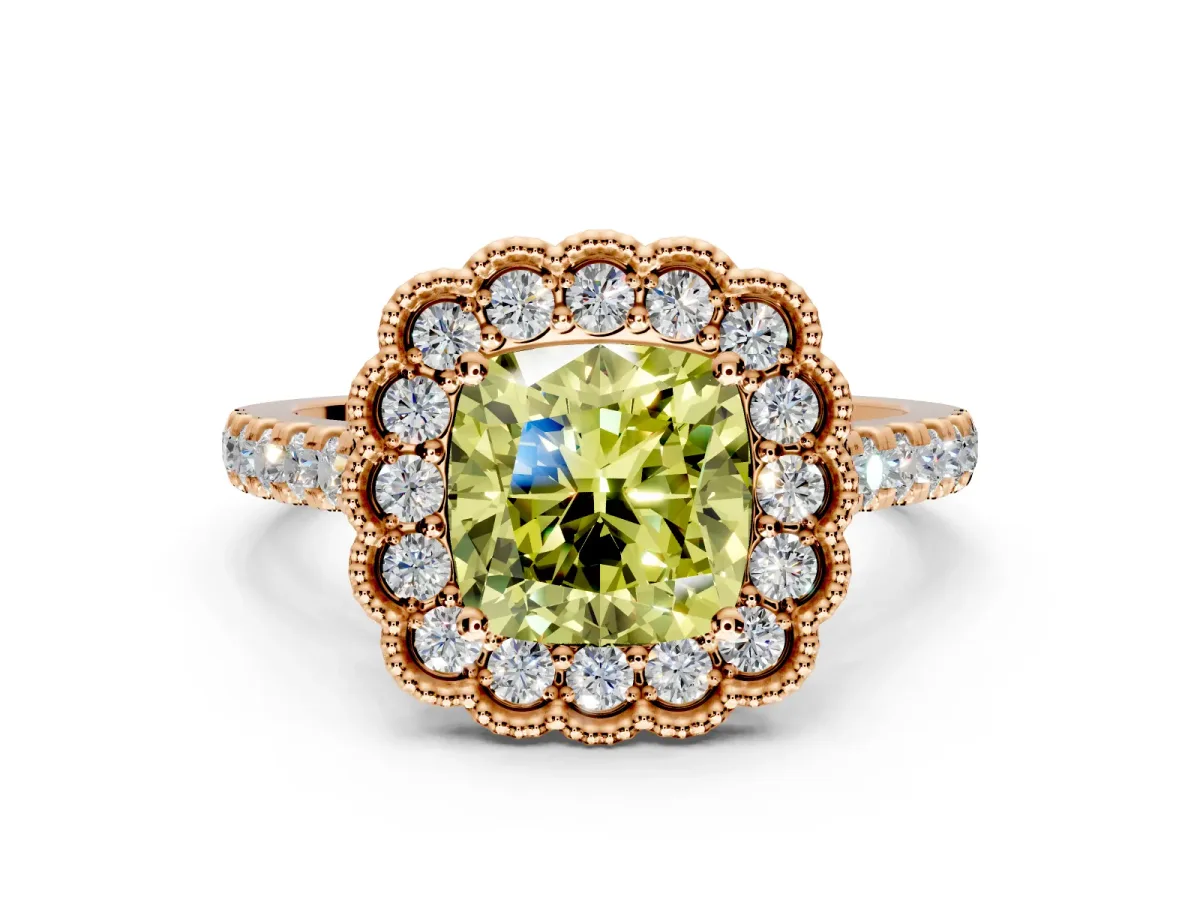 Milgrain Floral Halo Engagement Ring Setting for Fancy Yellow Cushion Cut Center with Pave Band and Prong Head in Rose Gold