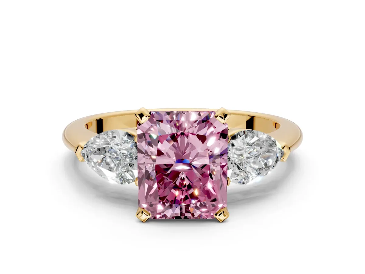 3 Stone Engagement Ring Setting for Fancy Pink Radiant Cut Center with Large Pear-Shaped Accents and Prong Head in Yellow Gold