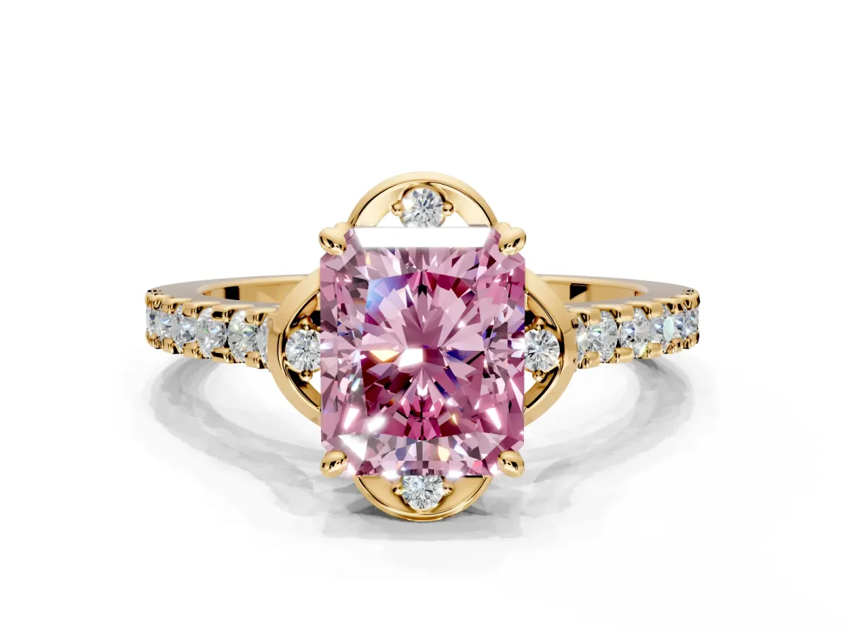 Floral Engagement Ring Setting for Fancy Pink Radiant Cut Center with Pave Band and Floral Prong Head in Yellow Gold