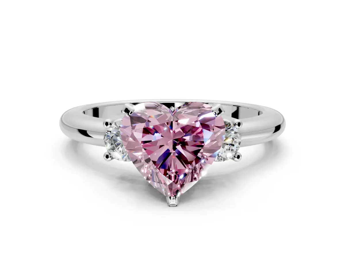 3 Stone Engagement Ring Setting for Fancy Pink Heart-Shaped Center with Wide Plain Band and Prong Head in Sterling Silver