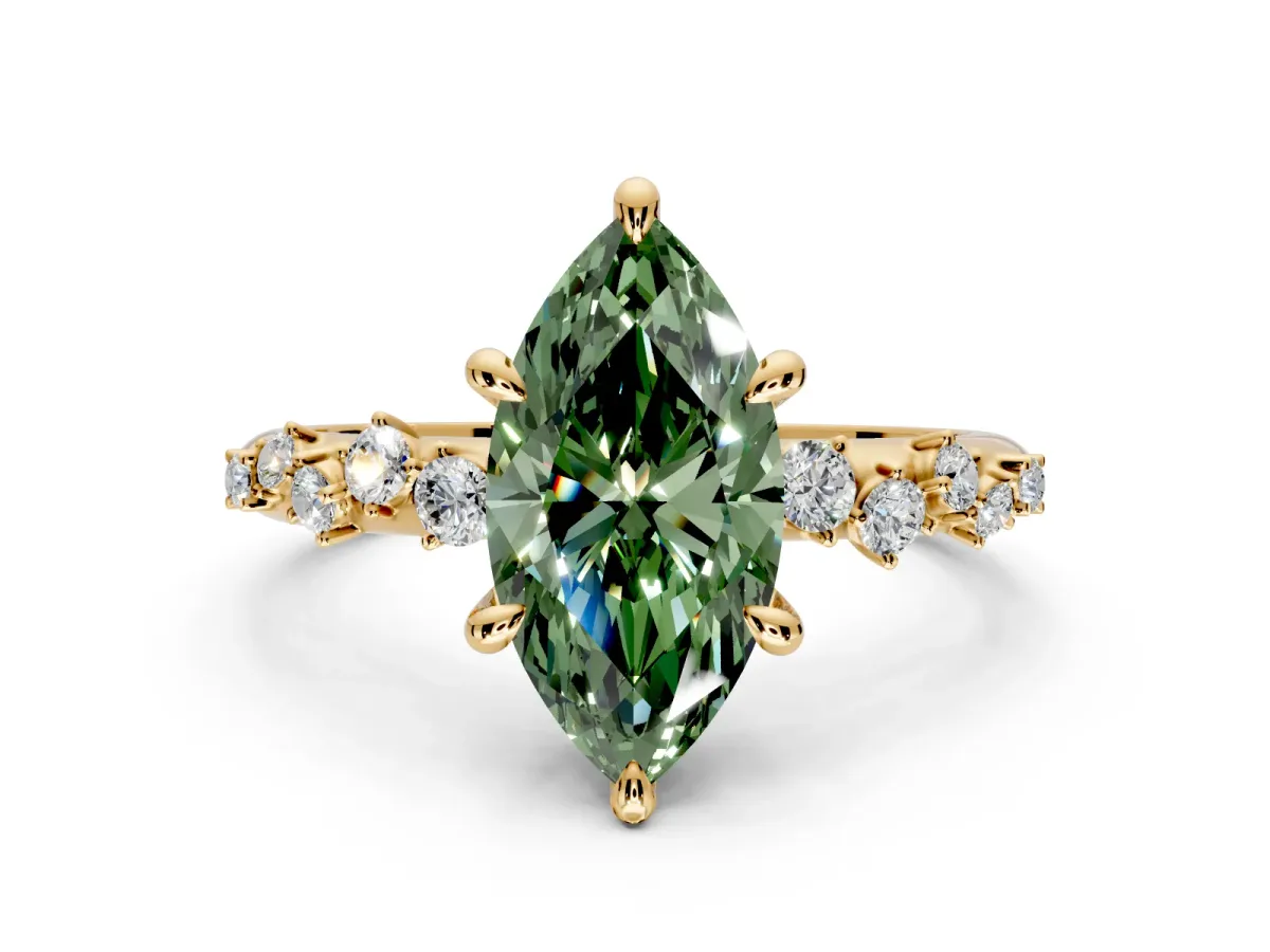 Solitaire Engagement Ring Setting for Fancy Green Marquise Center with Trailing Leaf Accent Band and Prong Head in Yellow Gold